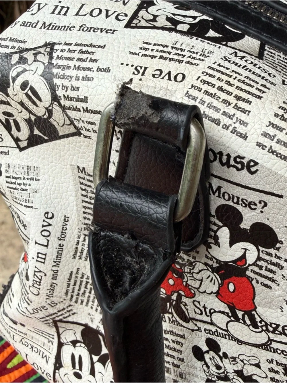 Disney Mickey Minnie‎ Newspaper Print Satchel Handbag Black White Bowling Bag